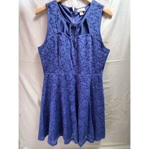 Ambar Womens Cut Out Neck Lace Skater Dress Sz 14 Blue Sleeveless Lined Gold Zip